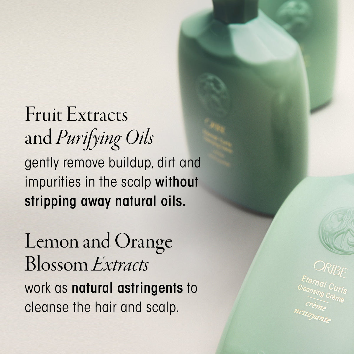 Green bottles with text about fruit extracts and purifying oils on a light background