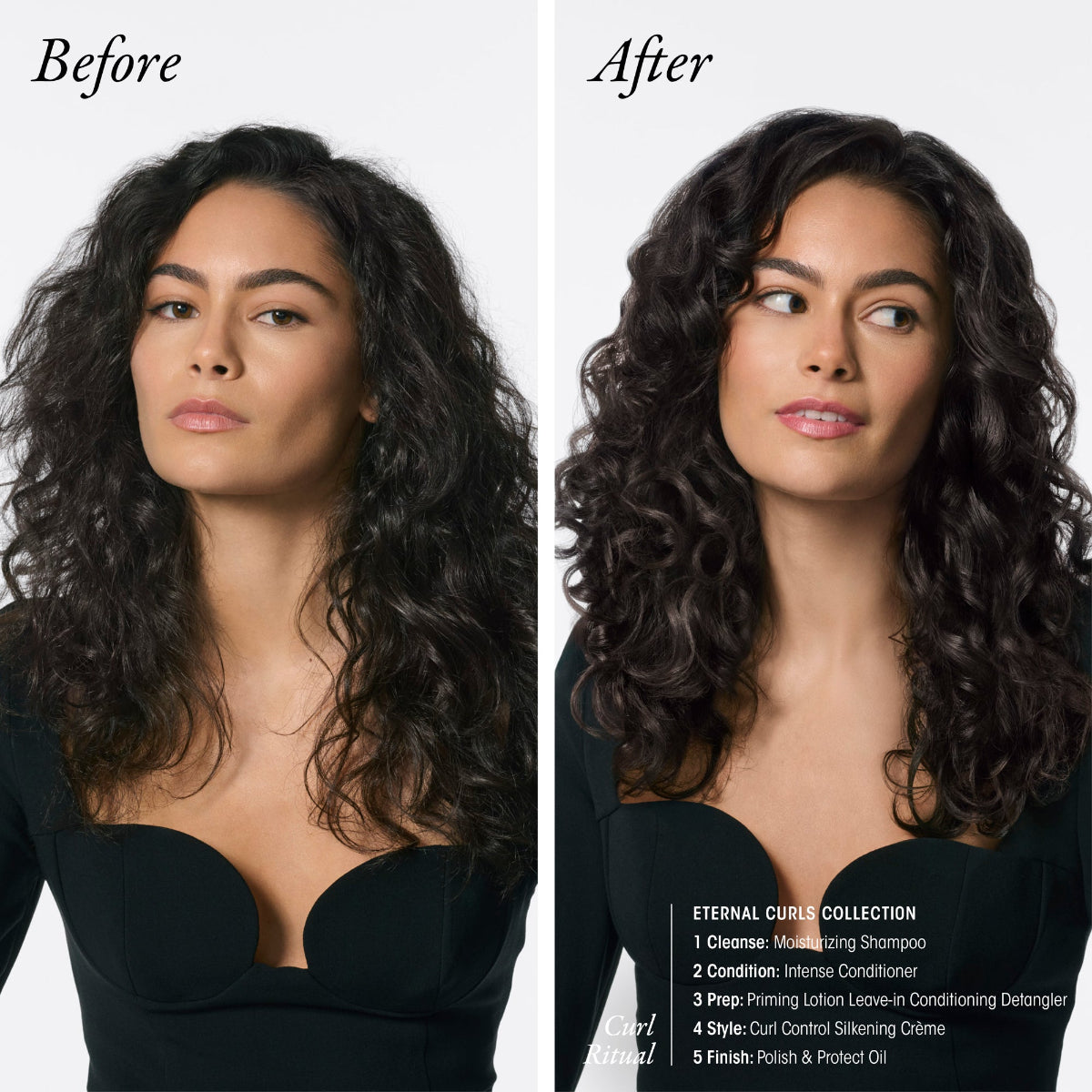 Before and after comparison of a woman with styled hair, featuring product names and steps.