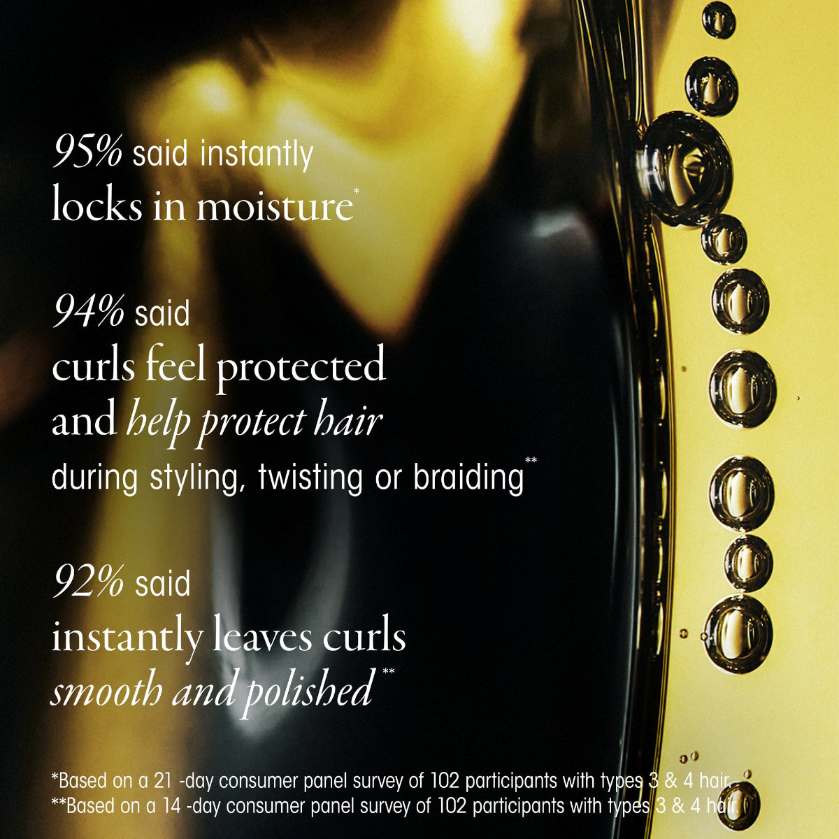 Close-up of a hair product with text on its effectiveness
