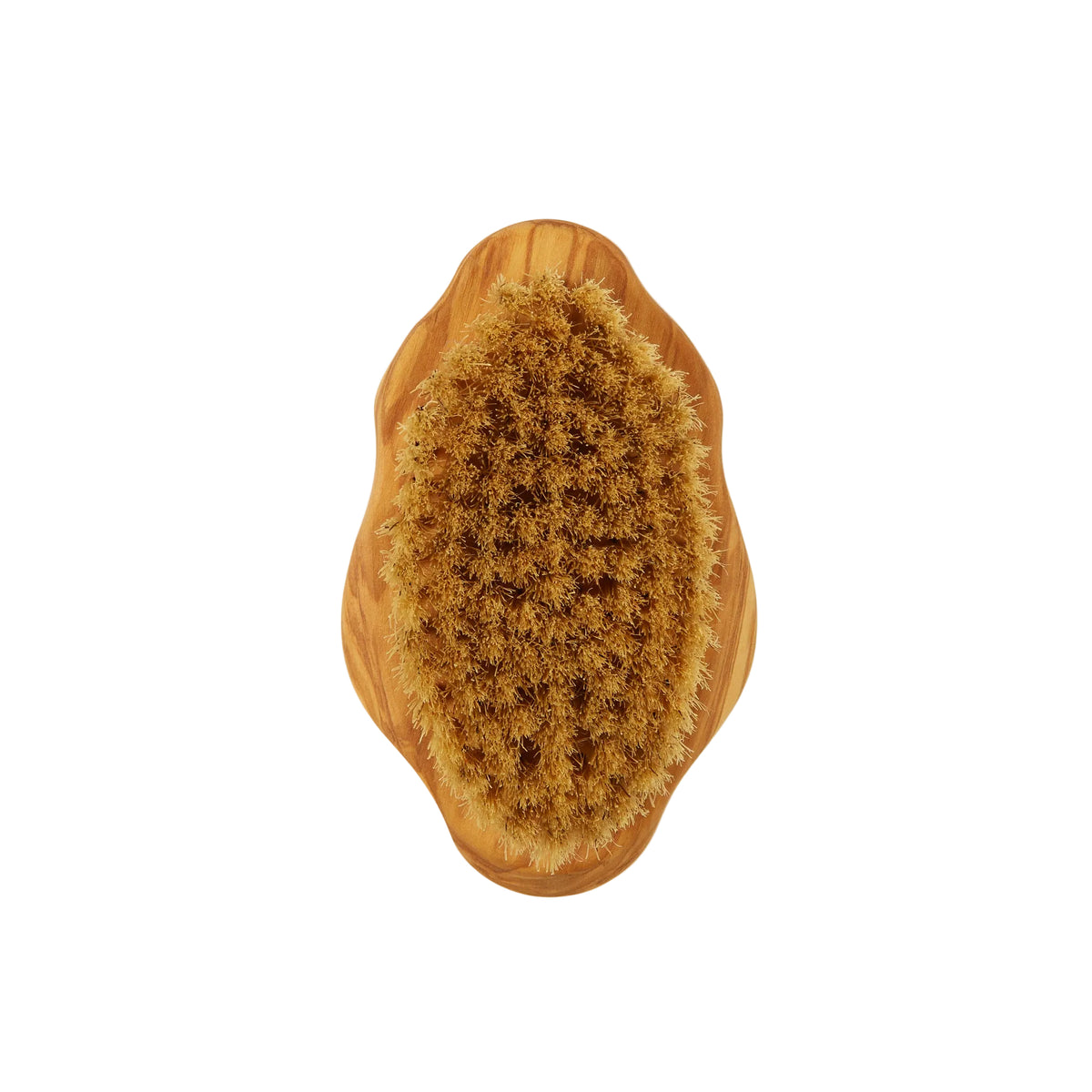 A natural wood hair brush with dense brown bristles, photographed from directly above on a light cream background.