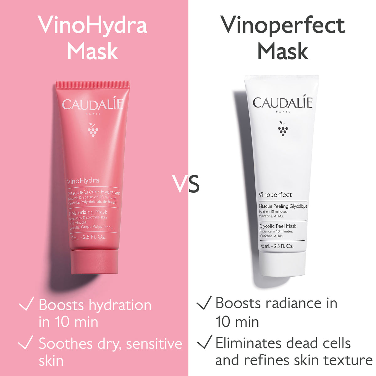 Two Caudélé skincare masks, VinoHydra and Vinoperfect, on a pink and white background with product details.