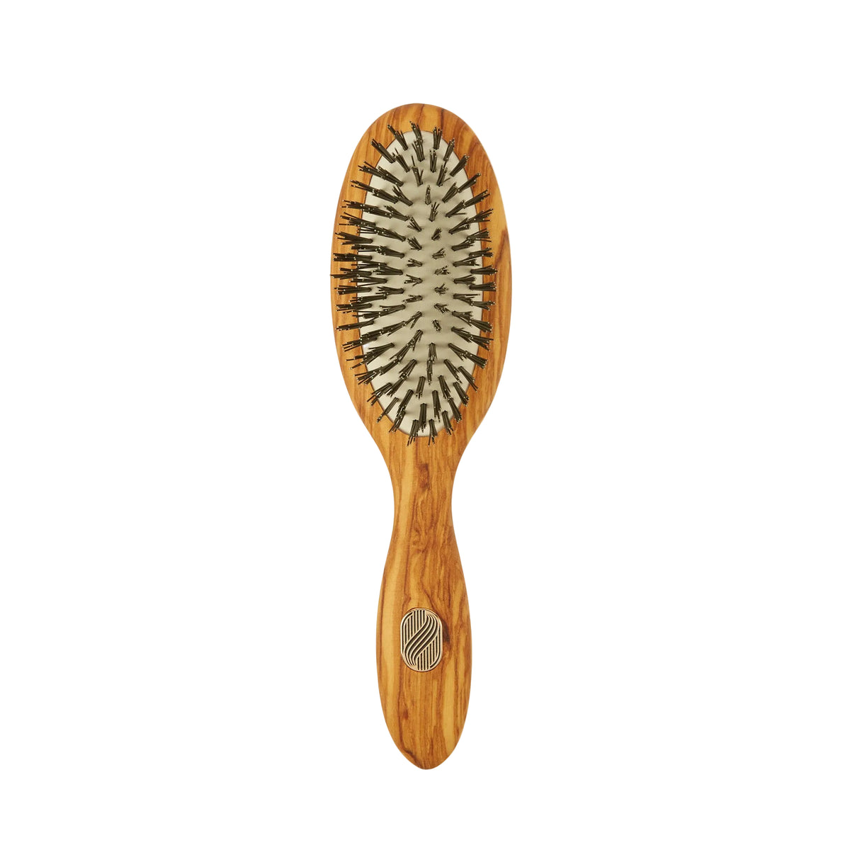 An oval-shaped wooden hairbrush with a natural wood handle and dark metal bristles, shown against a plain off-white background.