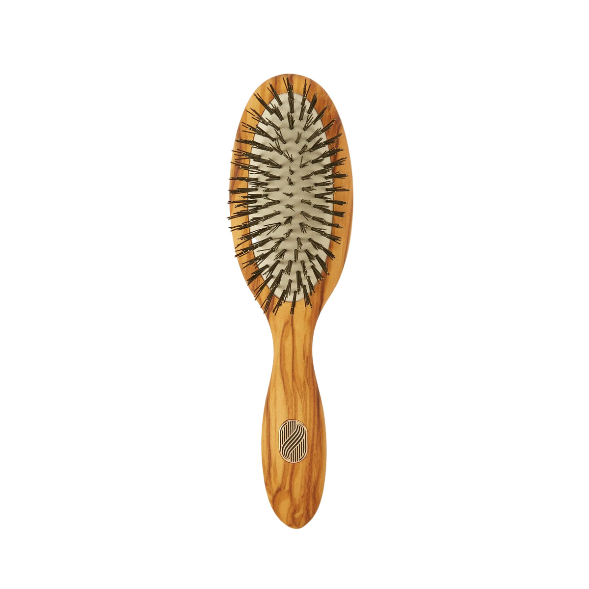 An oval-shaped wooden hairbrush with black bristles and a silver metal center, shown against a plain off-white background.