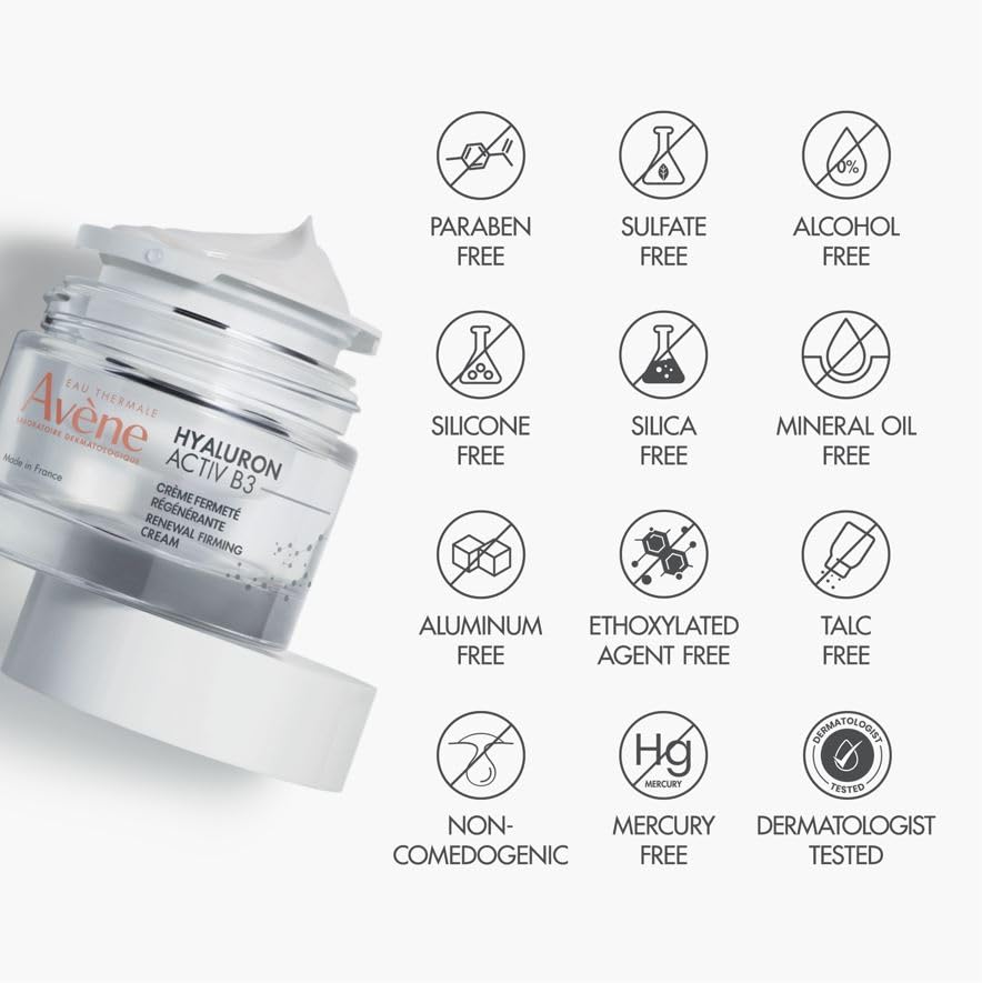 A jar of Avene Hyaluron Activ B3 Renewal Firming Cream with information about ingredients