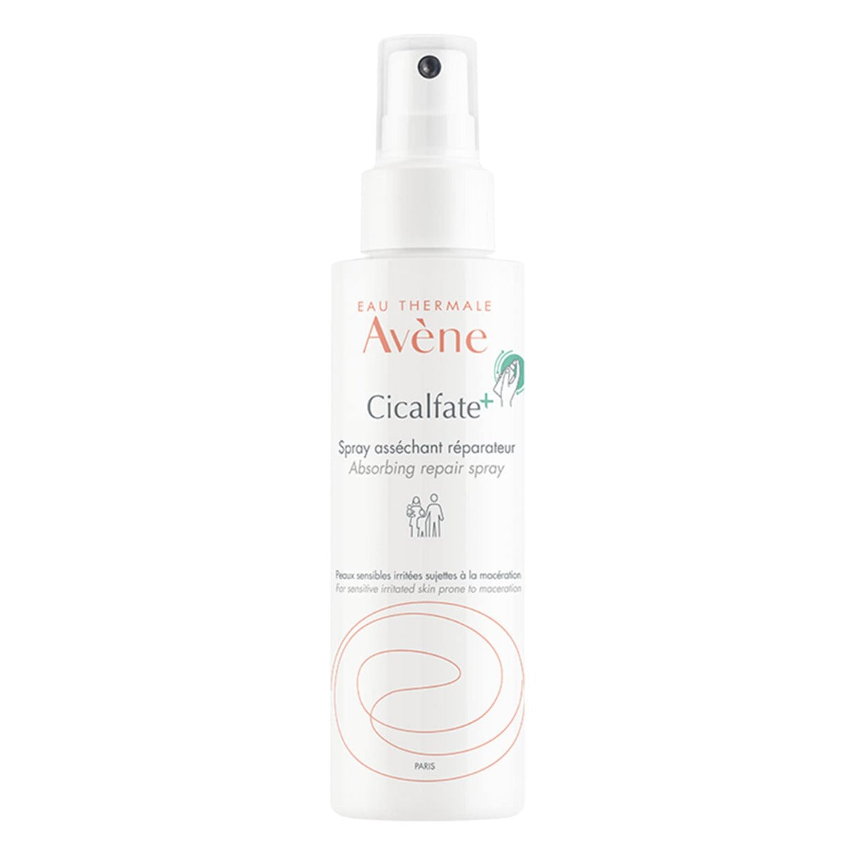 A bottle of Avene Cicalfate+ Soothing Spray with a white label and orange text, indicating it is a skin soothing and repair spray.