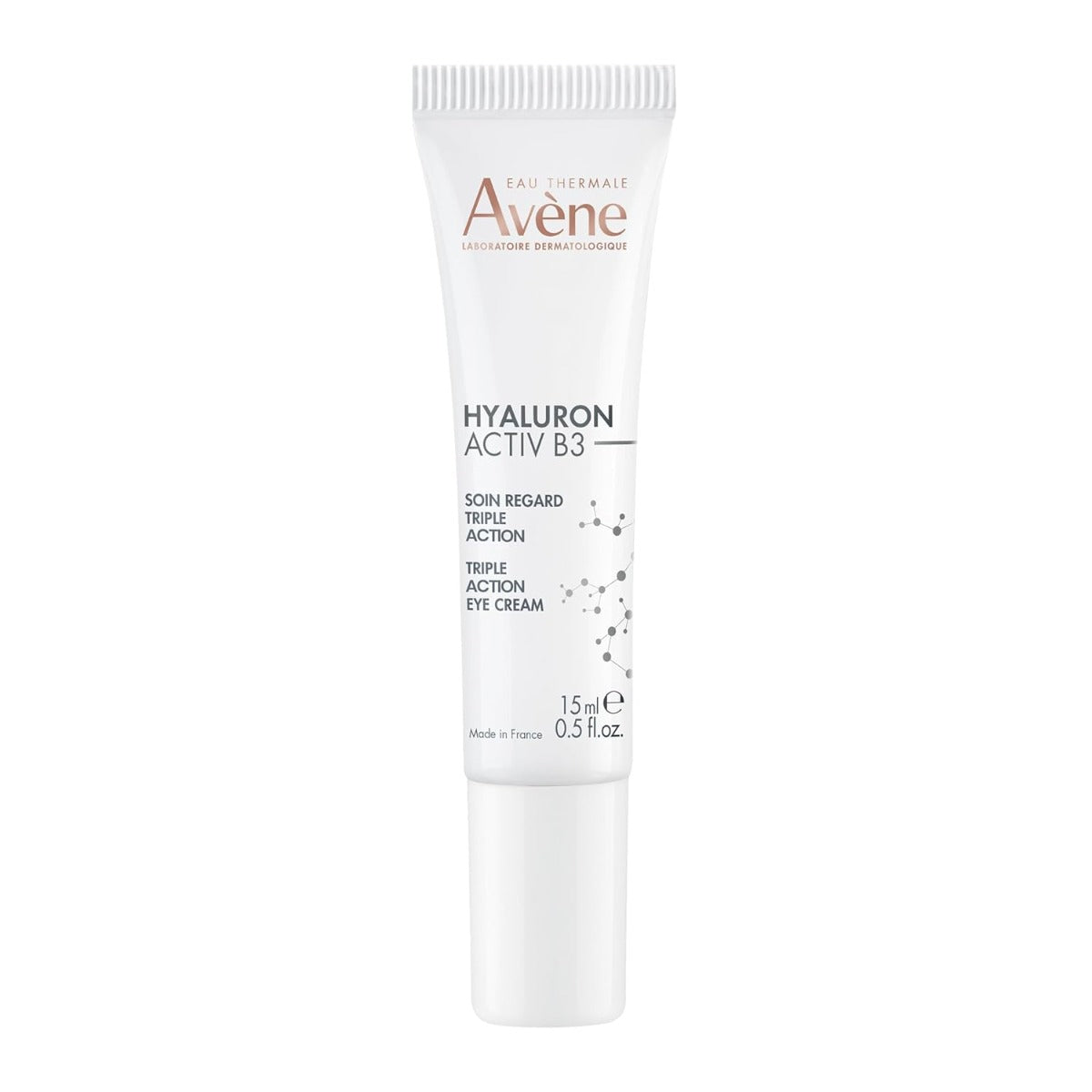 A tube of Avene Hyaluron Activ B3 Triple Action Eye Cream against a white background.