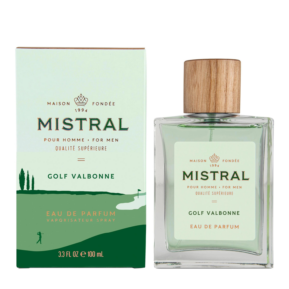 Mistral Golf Valbonne Eau de Parfum Bottle and box side by side.  Box has a drawing of a figure playing gulf on a golf course. 
