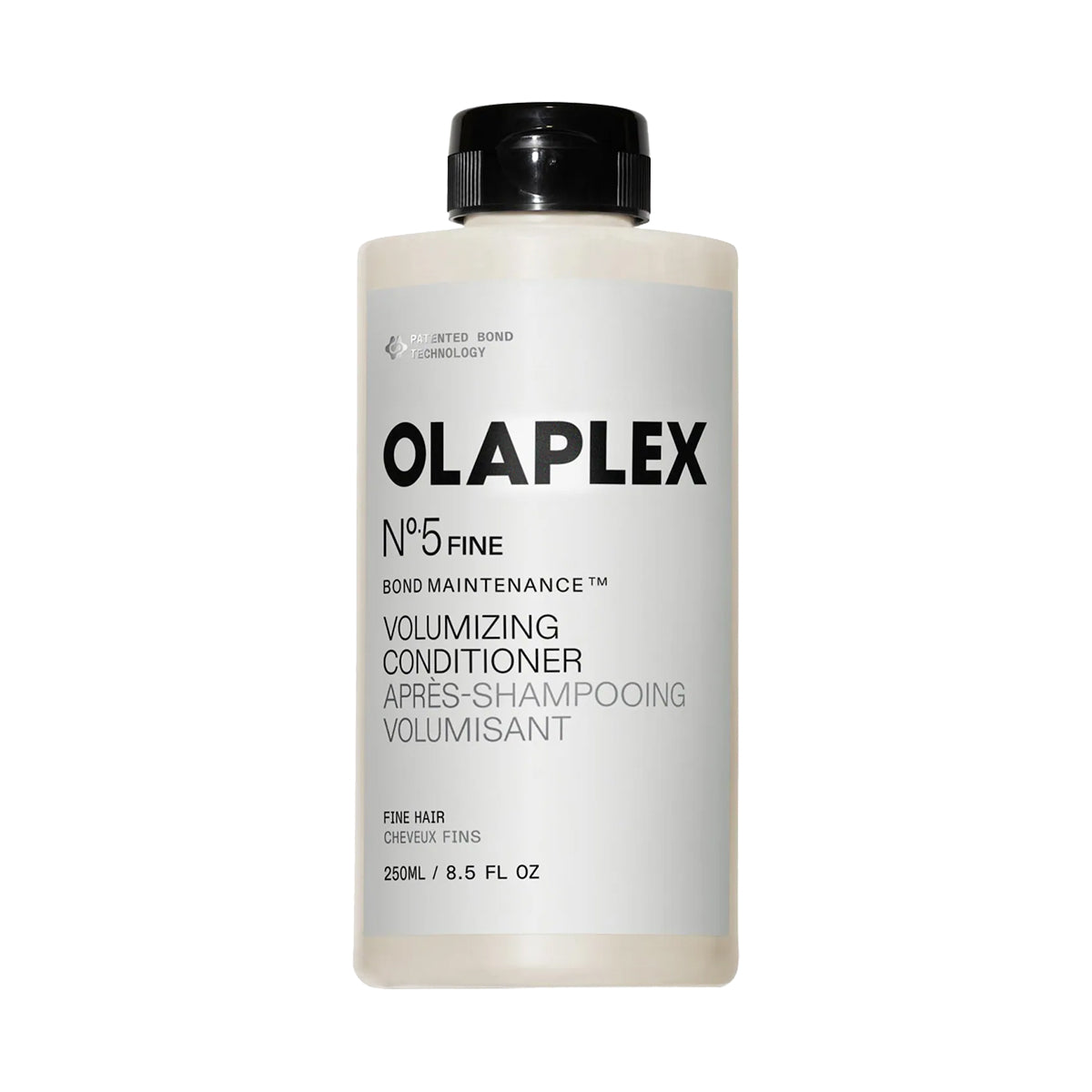 A 250ml bottle of Olaplex No.5 Fine Bond Maintenance Volumizing Conditioner, featuring a white bottle with a black cap and black text on a white background.