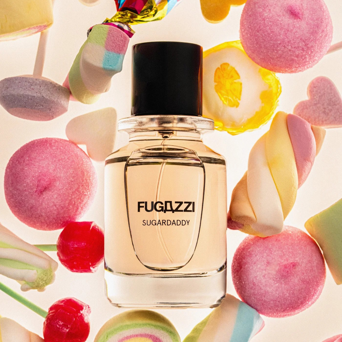 Fugazzi Sugardaddy bottle surrounded by various colorful candies