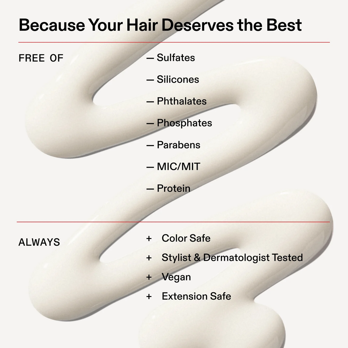 Promotional graphic with a glossy white cream-like product swirled on a light gray background, accompanied by text claiming the product is free of sulfates, silicones, phthalates, phosphates, parabens, MIC/MIT, and protein, and always color safe, stylist and dermatologist tested, vegan, and extension safe.