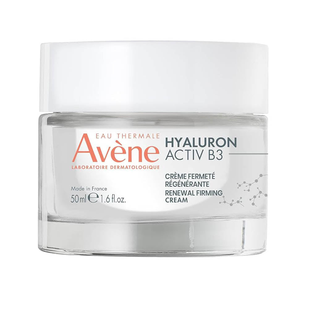 A jar of Avene Hyaluron Activ B3 Renewal Firming Cream with white and orange label, Made in France text, and Avene logo.