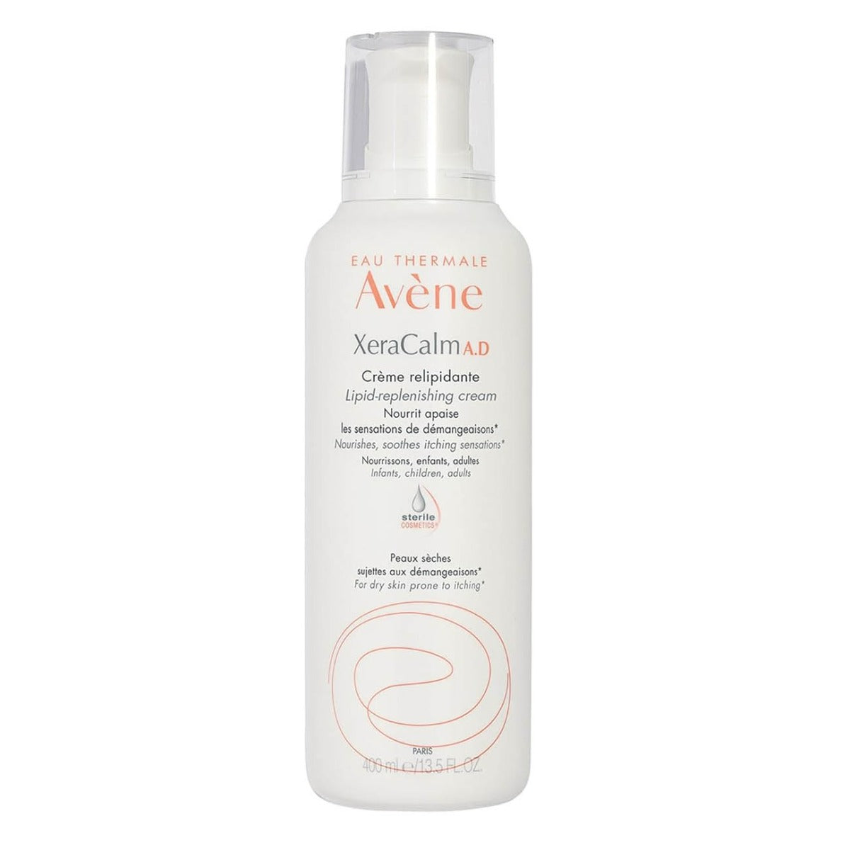 A pump bottle of XeraCalm A.D Lipid-Replenishing Cream by Avene, with white and orange label, on a white background.