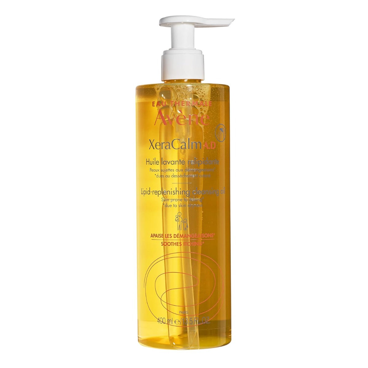 A pump bottle of XeraCalm A.D Lipid-Replenishing Cleansing Oil from Avene.