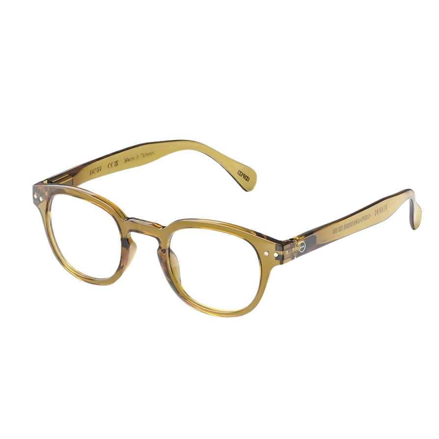 Golden green eyeglasses on a white background