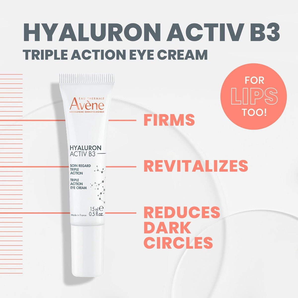 A tube of Avene Hyaluron Activ B3 Triple Action Eye Cream against a white background with product information