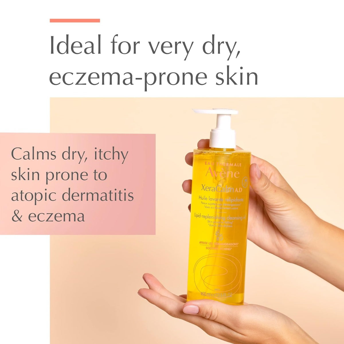 A pump bottle of XeraCalm A.D Lipid-Replenishing Cleansing Oil from Avene with product features to the left
