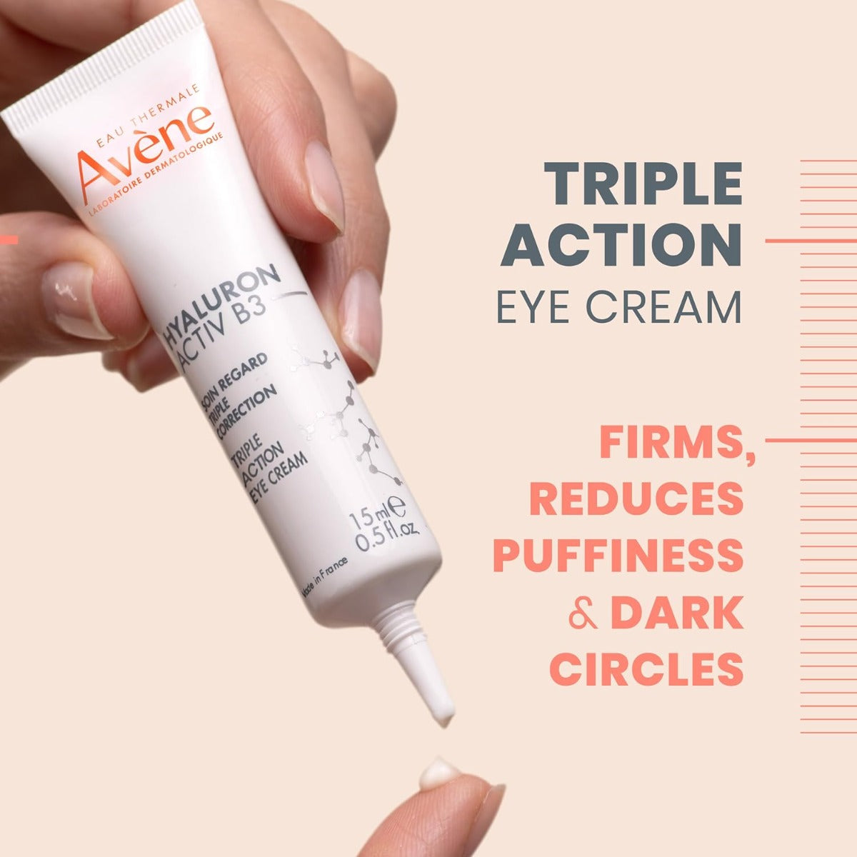 A tube of Avene Hyaluron Activ B3 Triple Action Eye Cream with product information