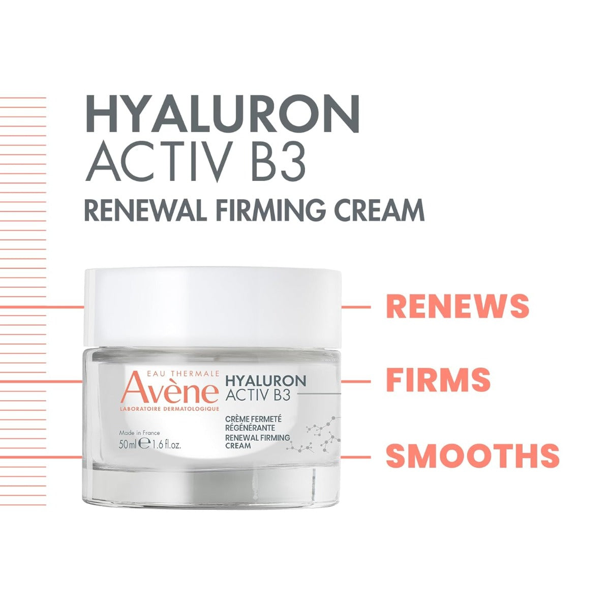 A jar of Avene Hyaluron Activ B3 Renewal Firming Cream with product information on a white background