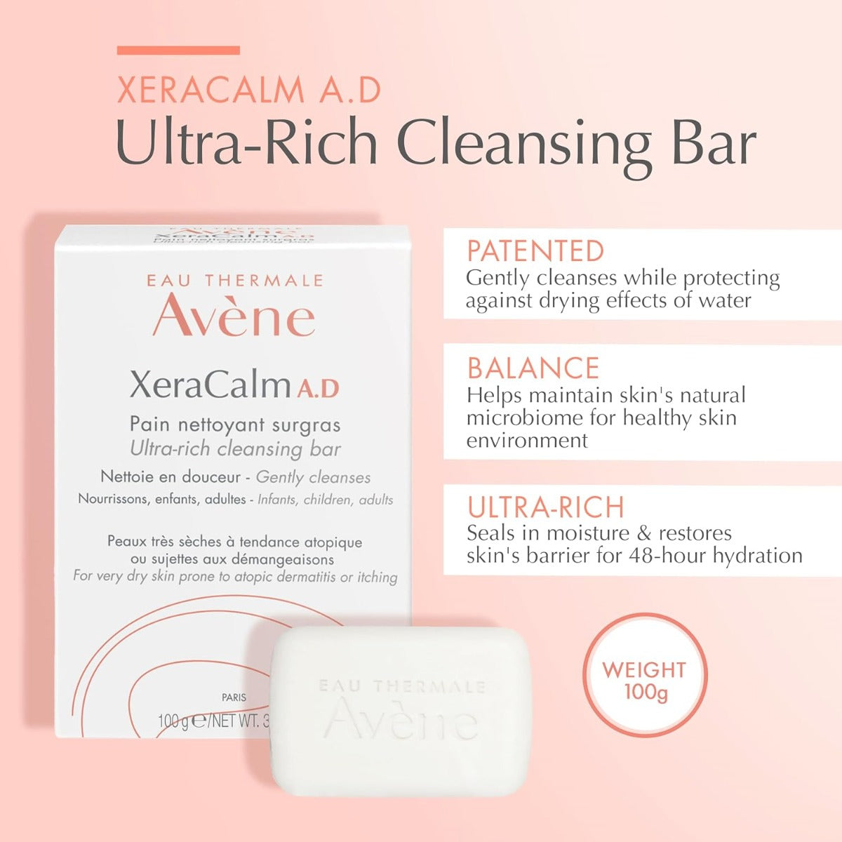 Avene Ultra Rich Cleansing Bar next to its packaging with product features on the right