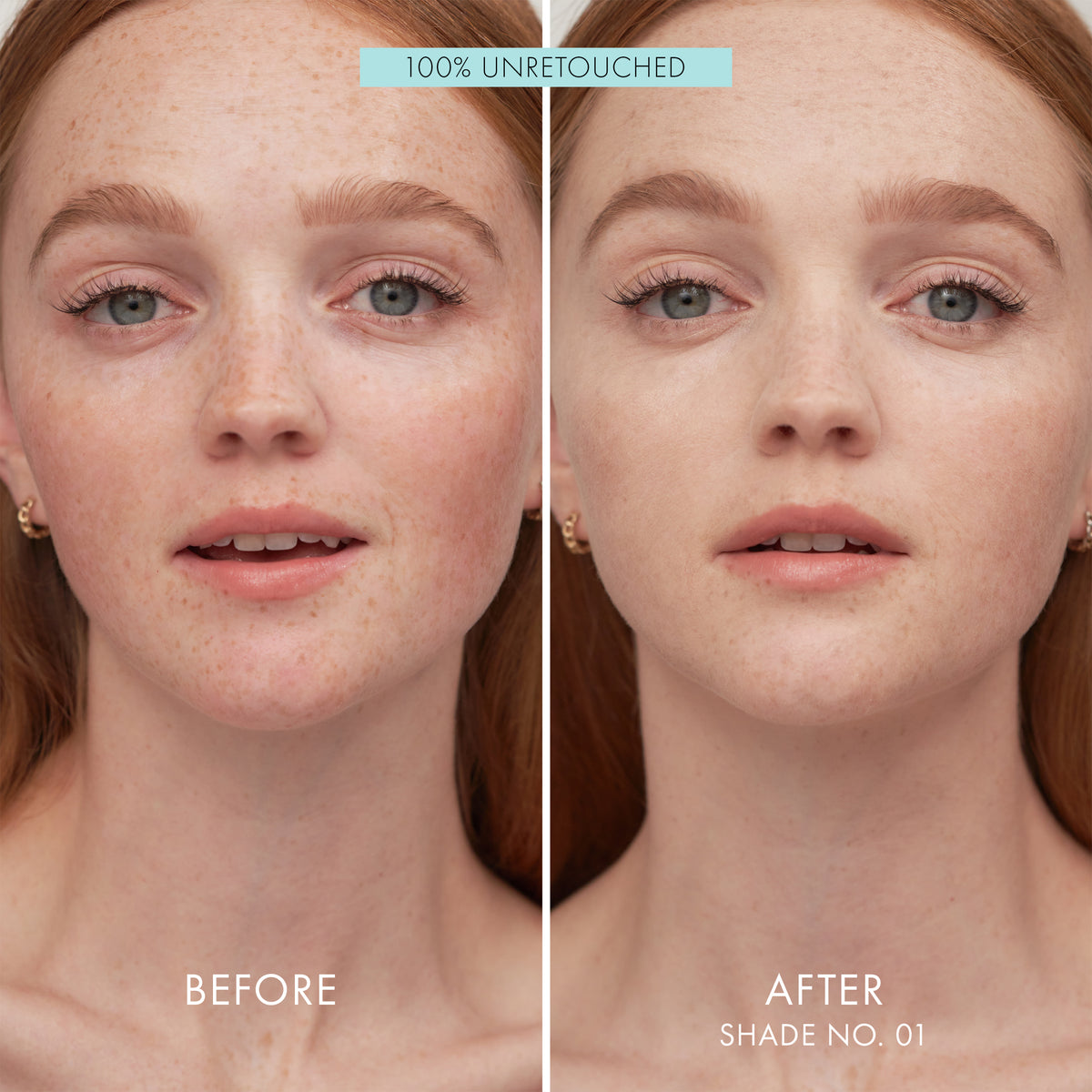 Before and after comparison of a woman's face with visible makeup changes, labeled '100% Unretouched'.
