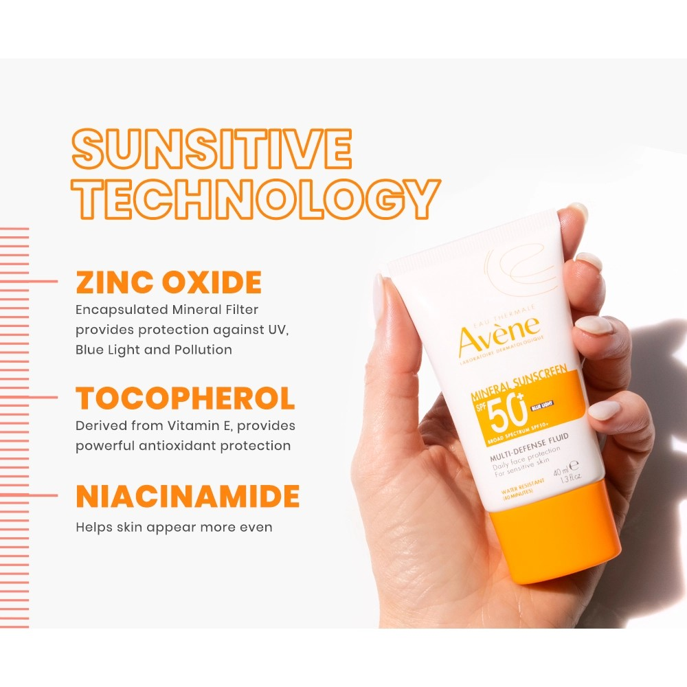 Photo of tube with written statement: Sunsitive Technology: Zinc Oxide Encapsulated Mineral Filter provides protection against UV, Blue Light and Pollution. Tocopherol - Derived from Vitamin E, provides powerful Antioxidant protection. Niacinamide: Helps skin appear more even.