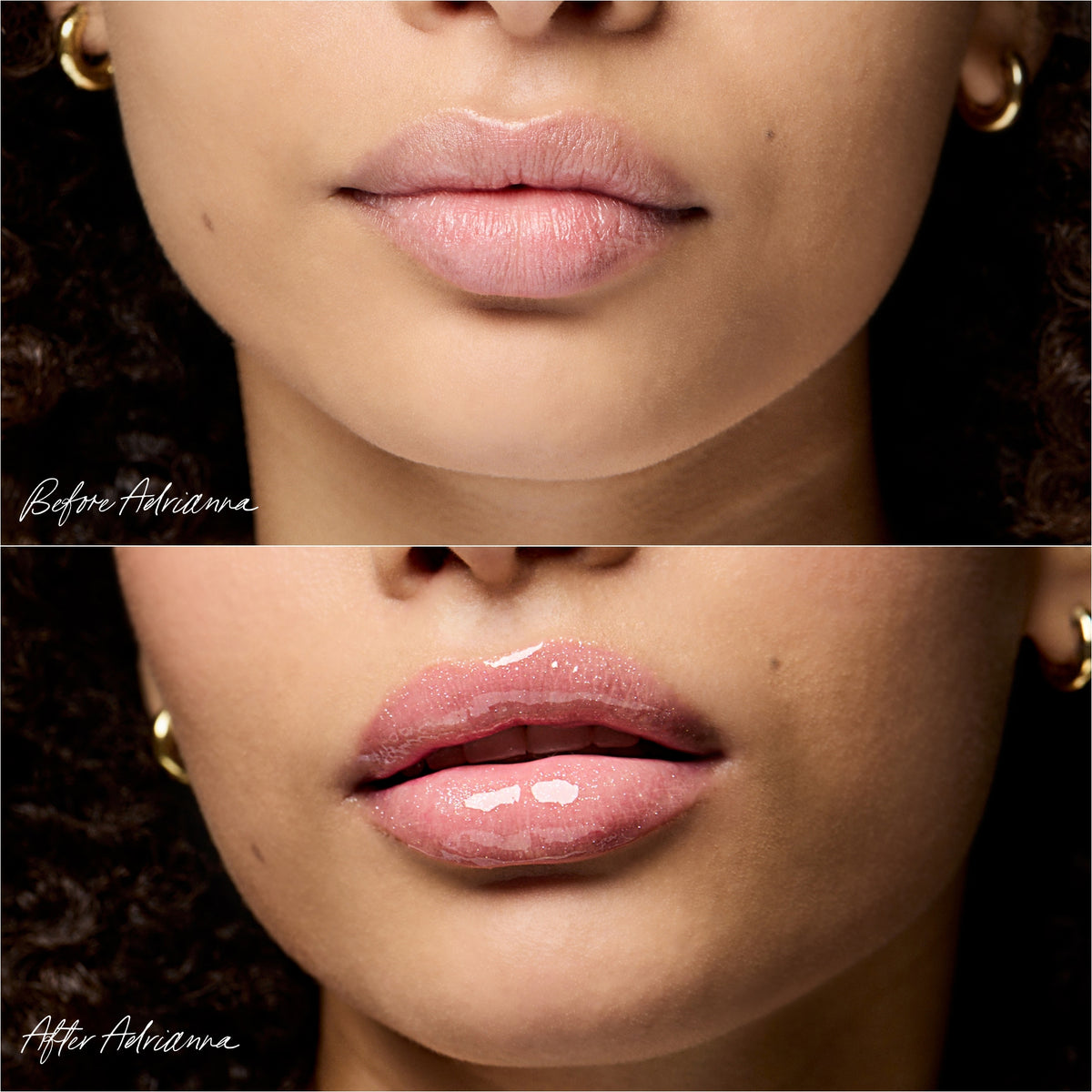 Before and after comparison of a woman's lips using Adrianna Lip Oil.