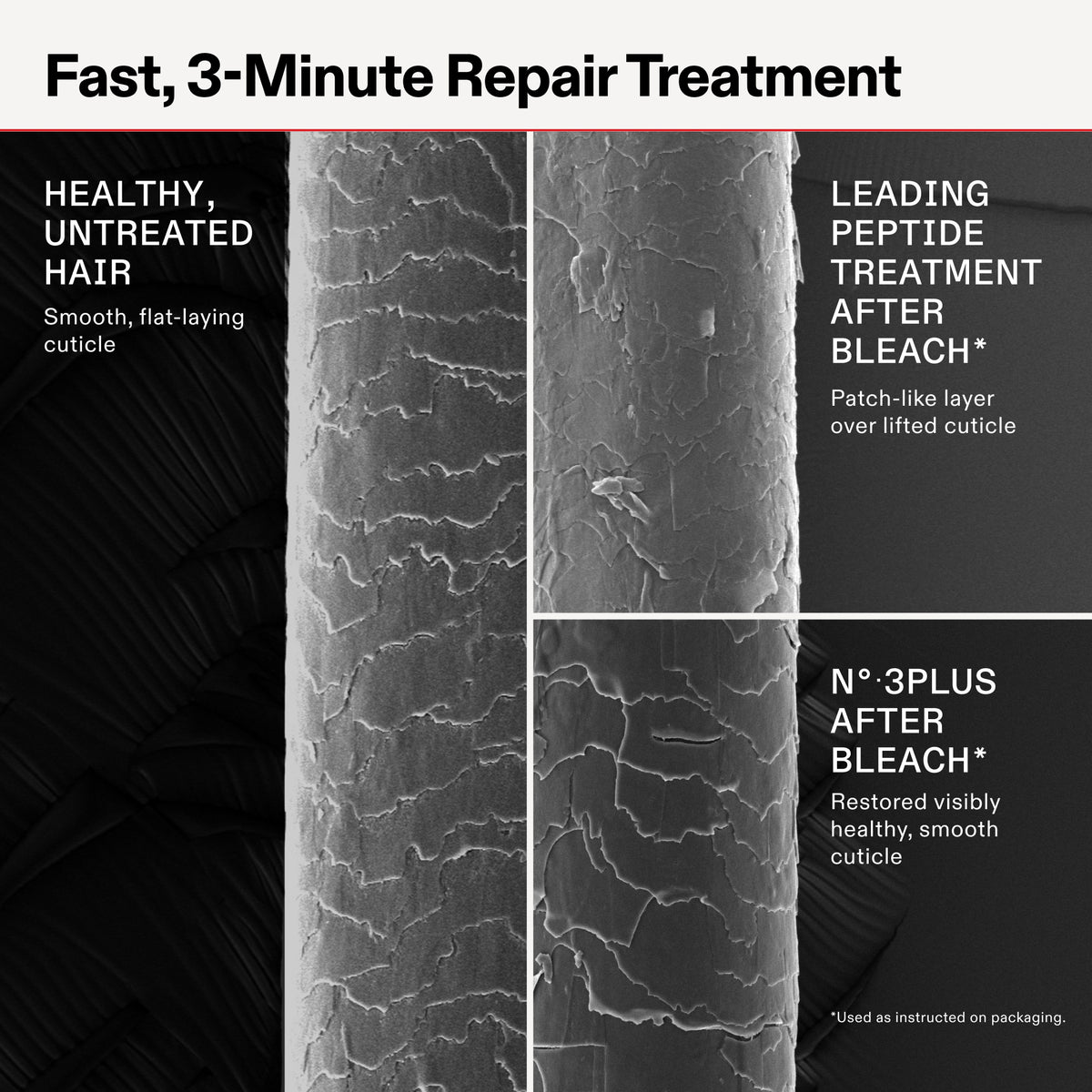 Comparison of healthy, untreated hair and hair treated with a peptide repair treatment after bleach.