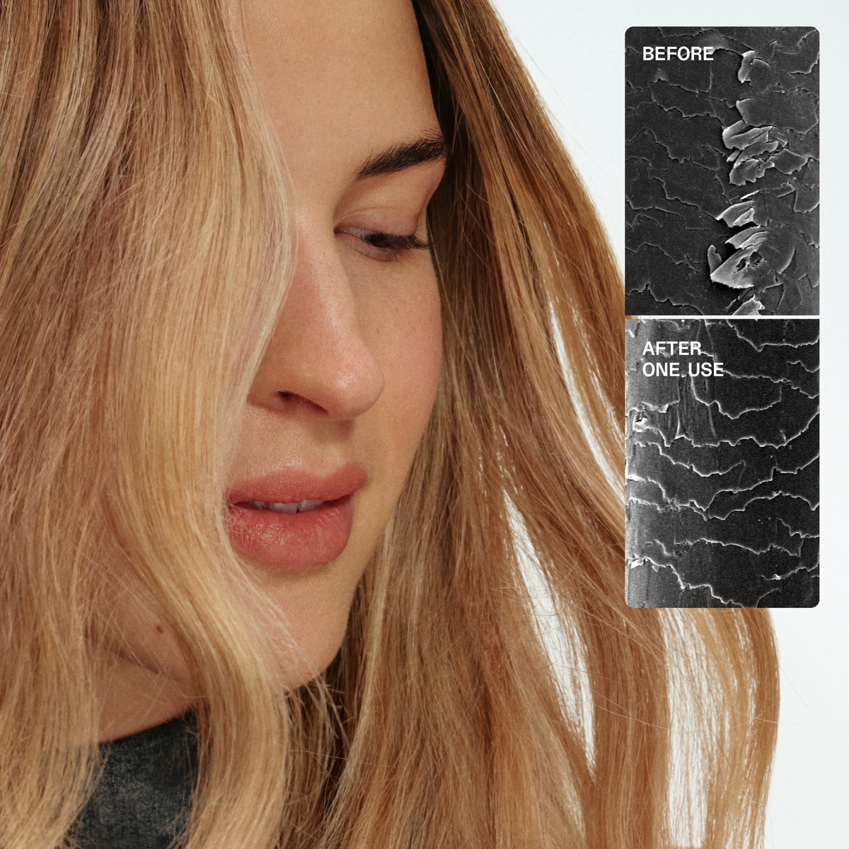 Woman with blonde hair next to a before-and-after card showing hair treatment results.