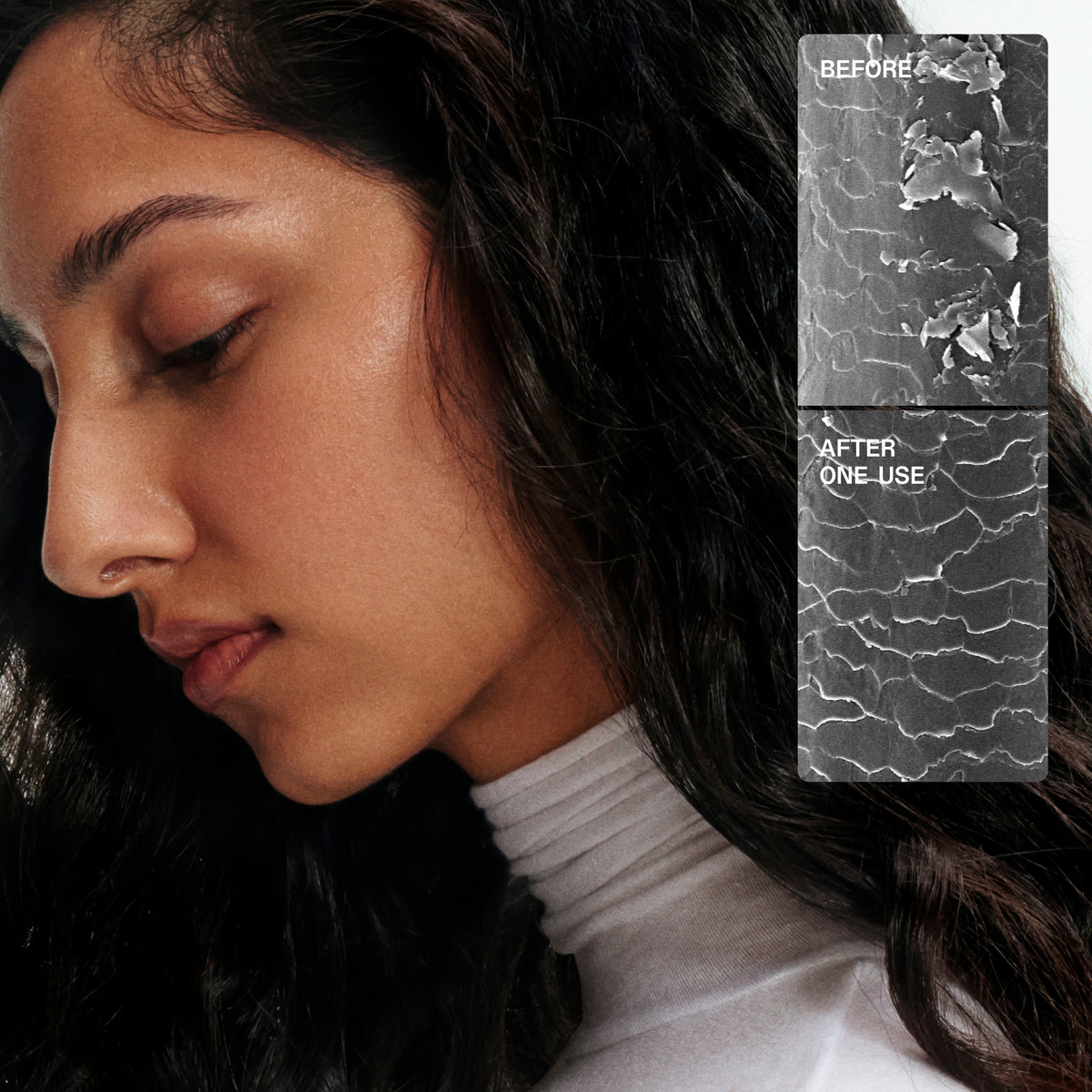 Woman with dark hair wearing a white turtleneck, with a 'Before' and 'After' product comparison on the right.