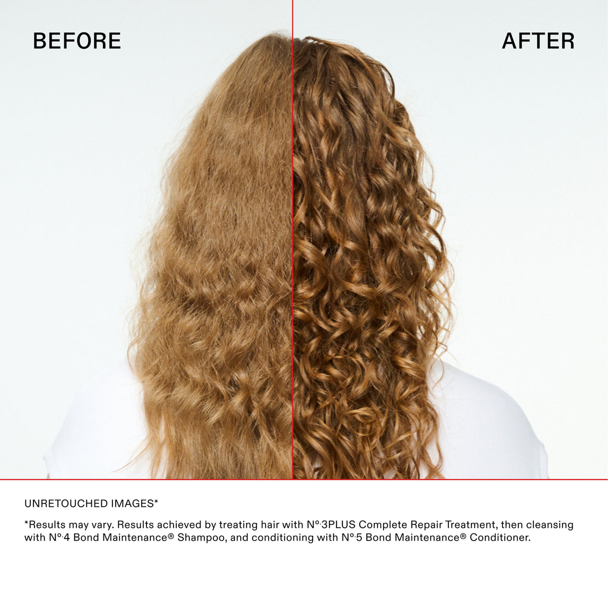 Before and after comparison of hair treatment on a person with long, wavy hair.