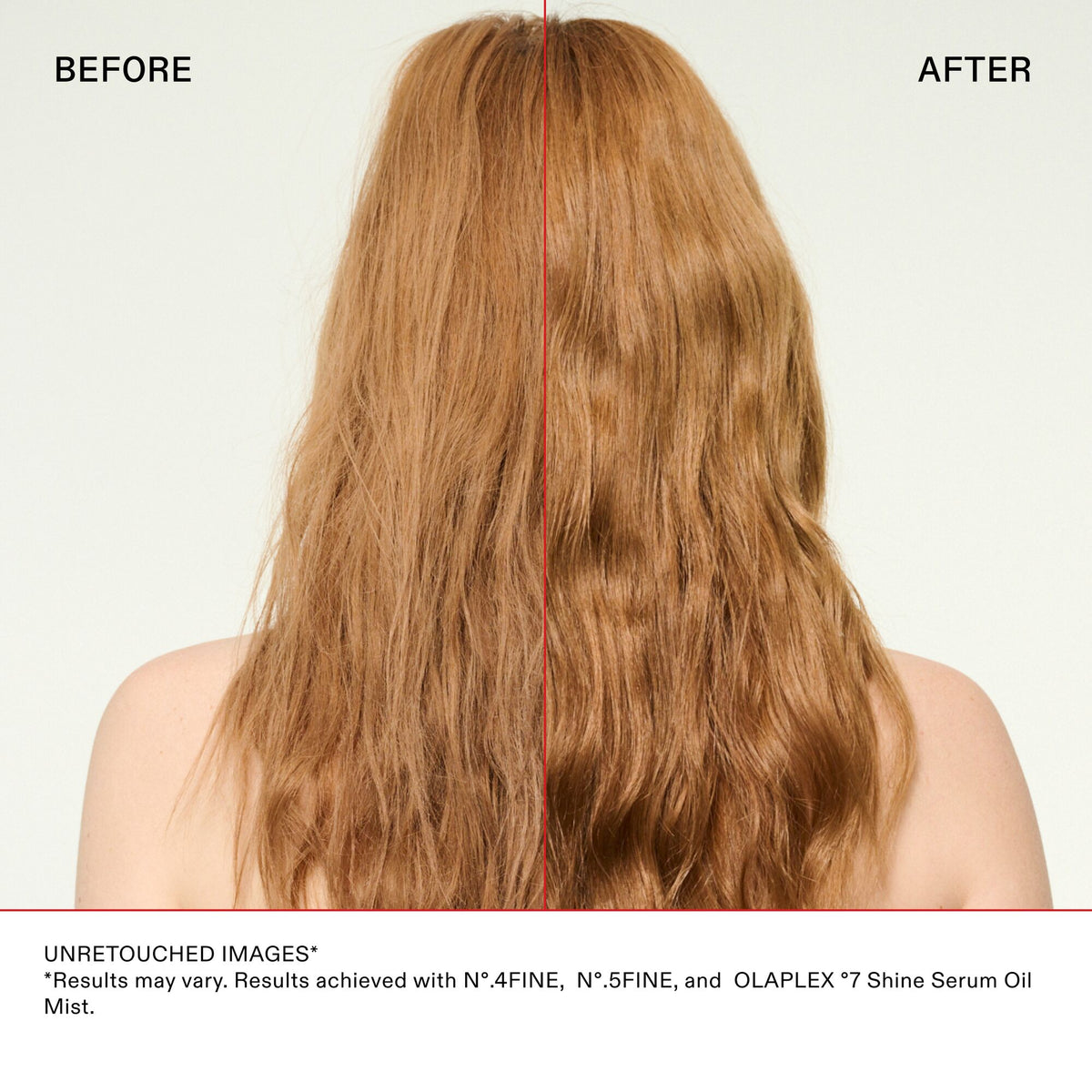 Before and after comparison of hair with a red line down the middle on a plain background.