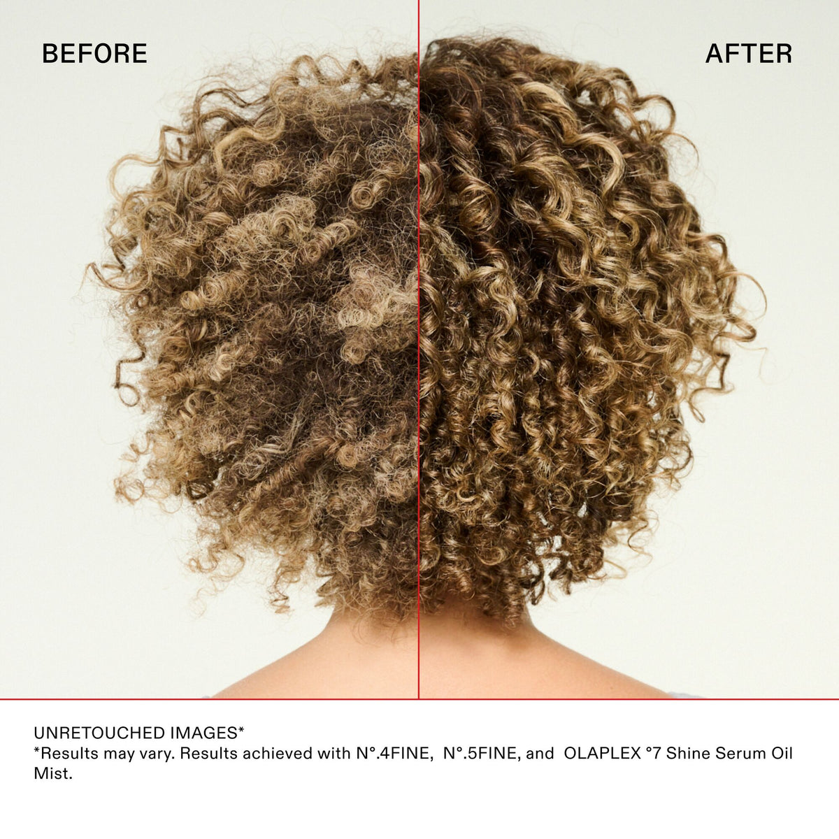Before and after comparison of curly hair with text about product results.