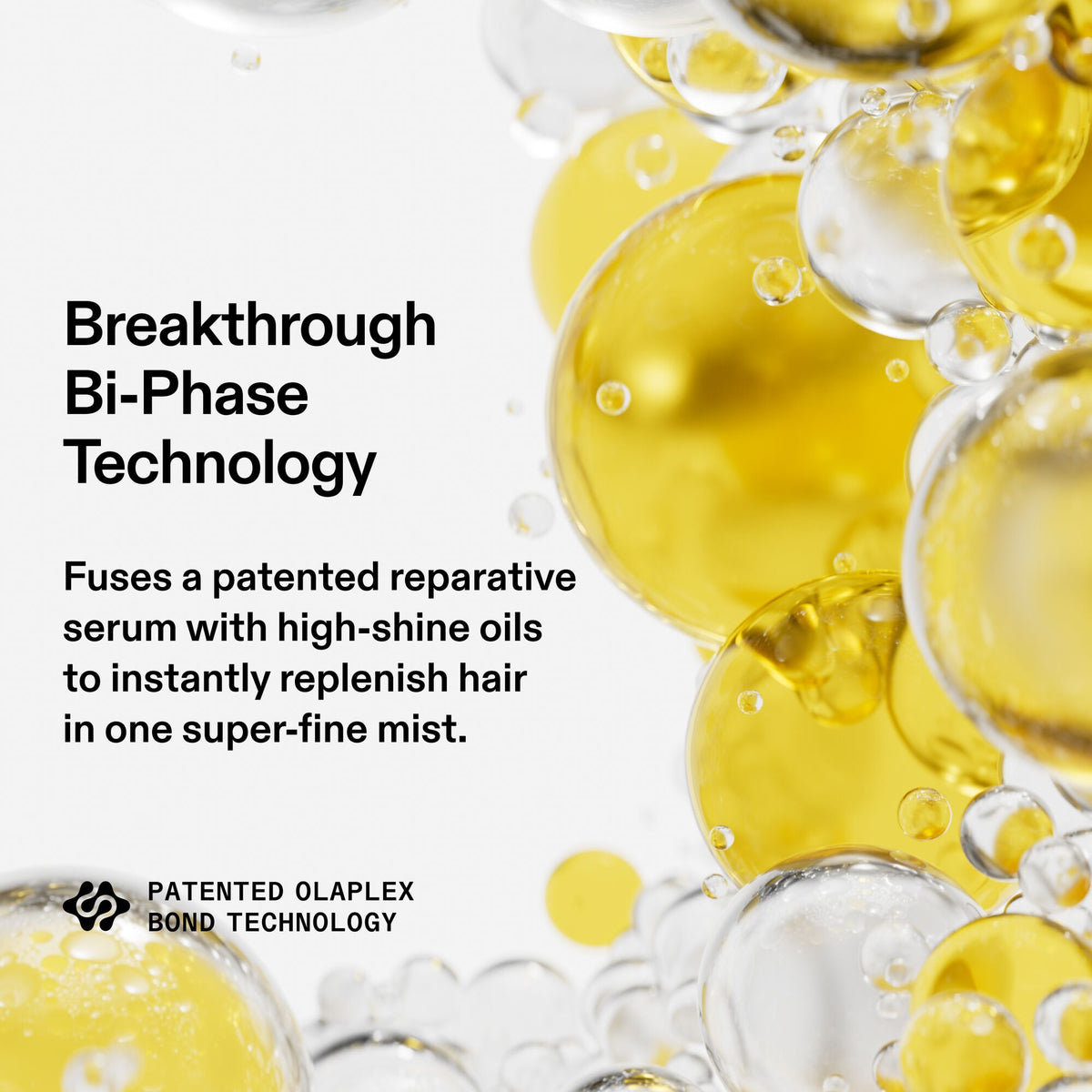 Advertisement for Olaplex hair care product with yellow and clear liquid droplets on a white background.