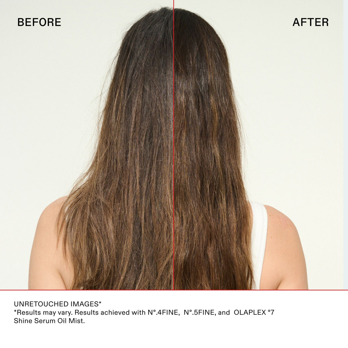 Before and after comparison of hair with a red line down the middle, showing the effect of a hair treatment.