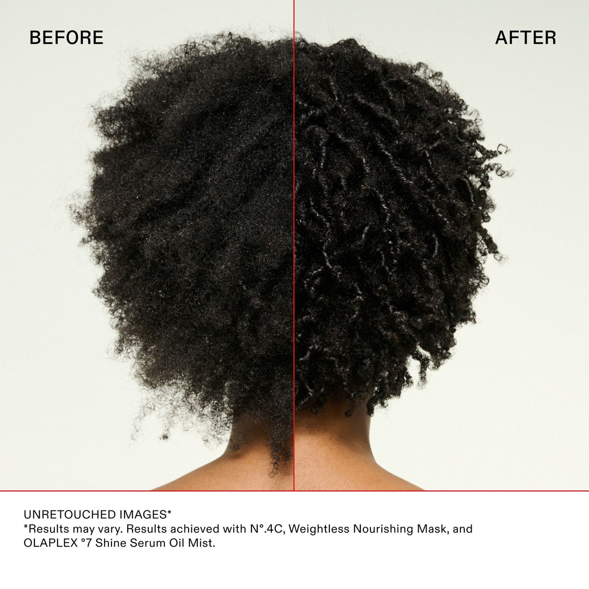 Before and after comparison of hair texture with a person's back shown.
