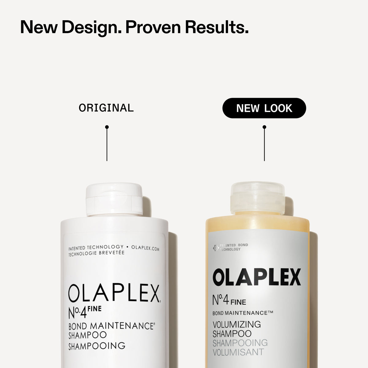 Two bottles of Olaplex No.4 Fine Bond Maintenance Shampoo shown side by side on a light gray background, with text indicating the original white bottle and the new translucent amber-tinted bottle under the 'New Look' label.
