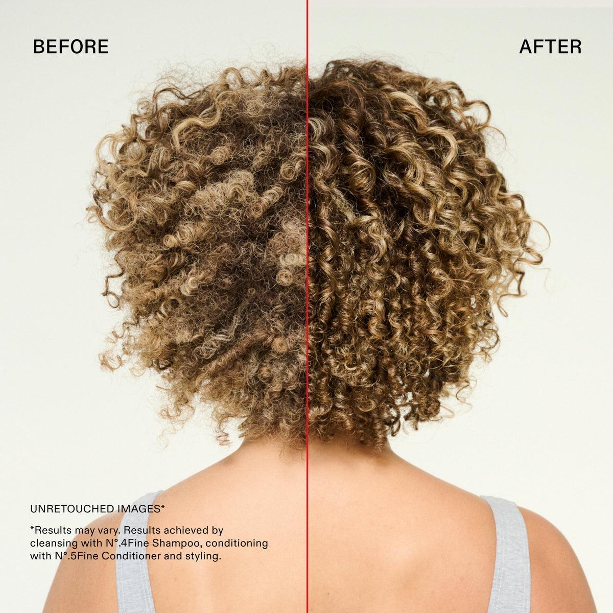 Before and after hair cleansing comparison showing curly hair on the back of a woman's head, with the left side labeled BEFORE and the right side labeled AFTER on a light background.