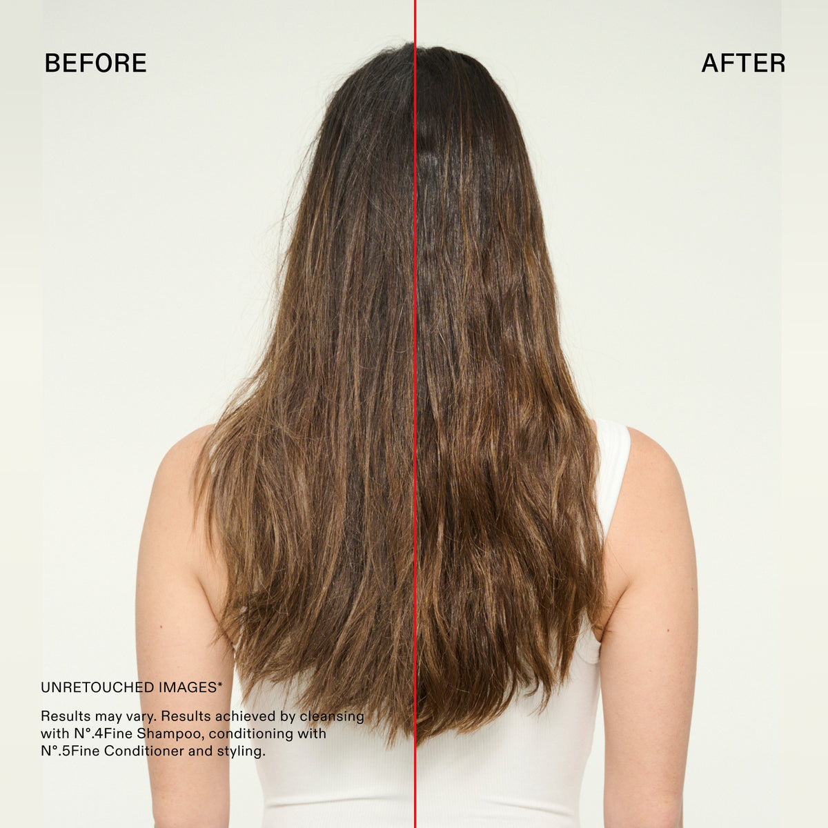 A split-screen before-and-after view of a woman's long brown hair, shown from the back. The left side is labeled BEFORE and appears dry, frizzy, and less defined.