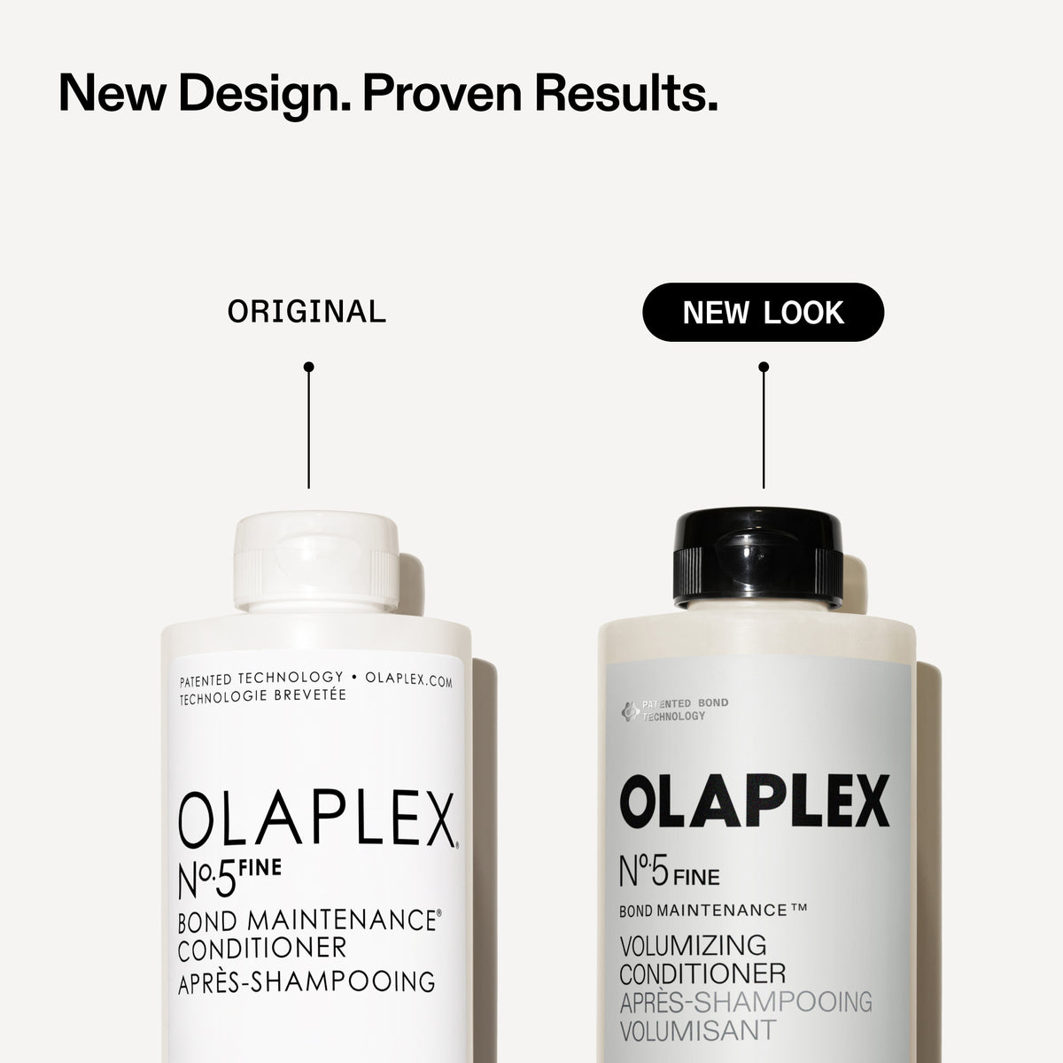 Two white OLAPLEX No.5 Fine Bond Maintenance products on a light gray background, labeled 'ORIGINAL' and 'NEW LOOK' with arrows pointing to each bottle.