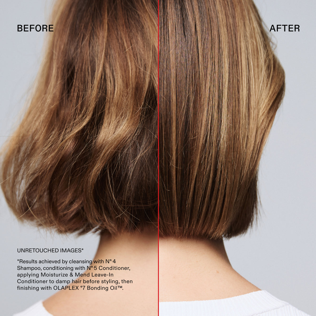 Before and after hair bonding comparison showing the back of a person's head with medium brown hair, demonstrating smoother, straighter, and shinier results after treatment.