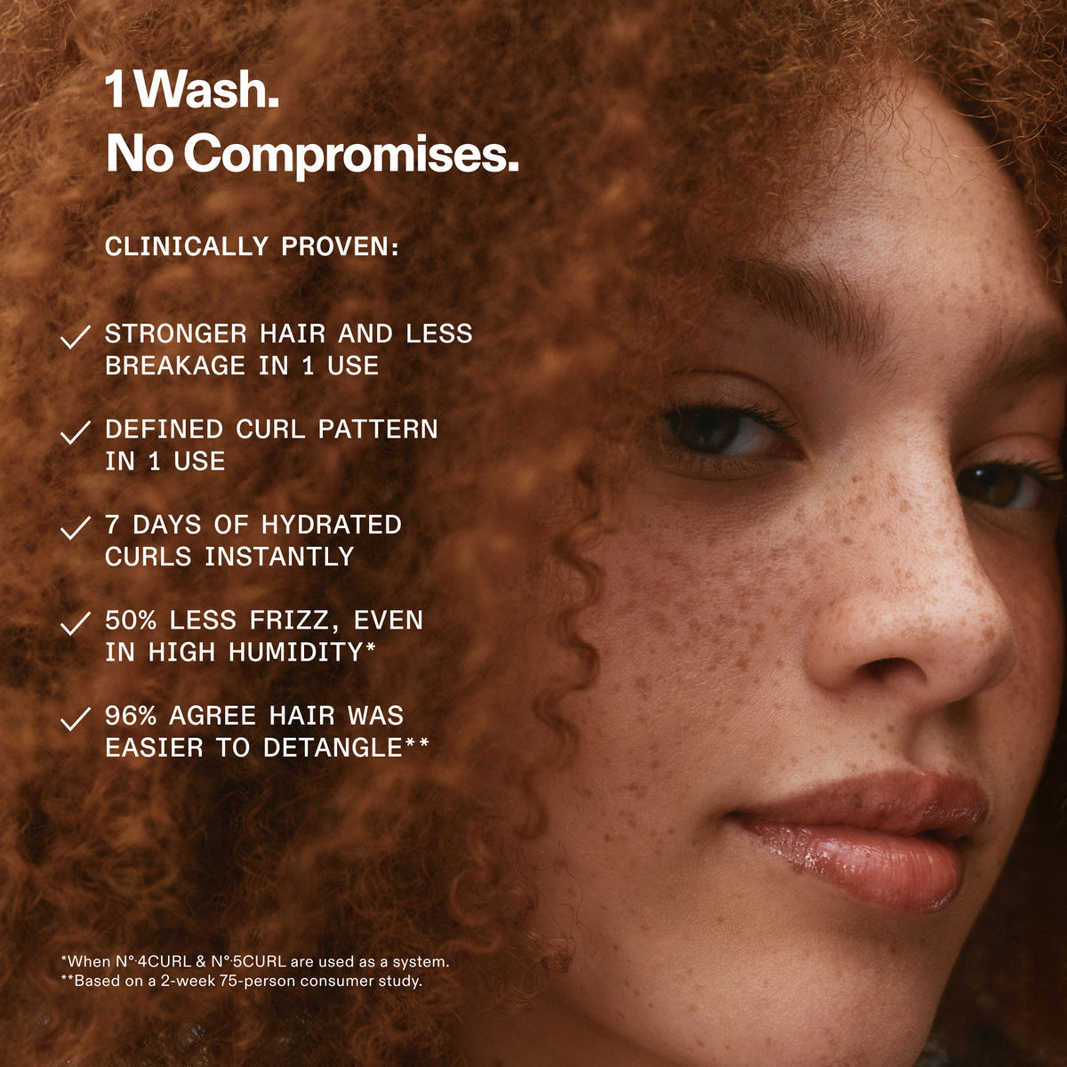 Close-up of a person with curly hair, featuring product claims text on a brown background.