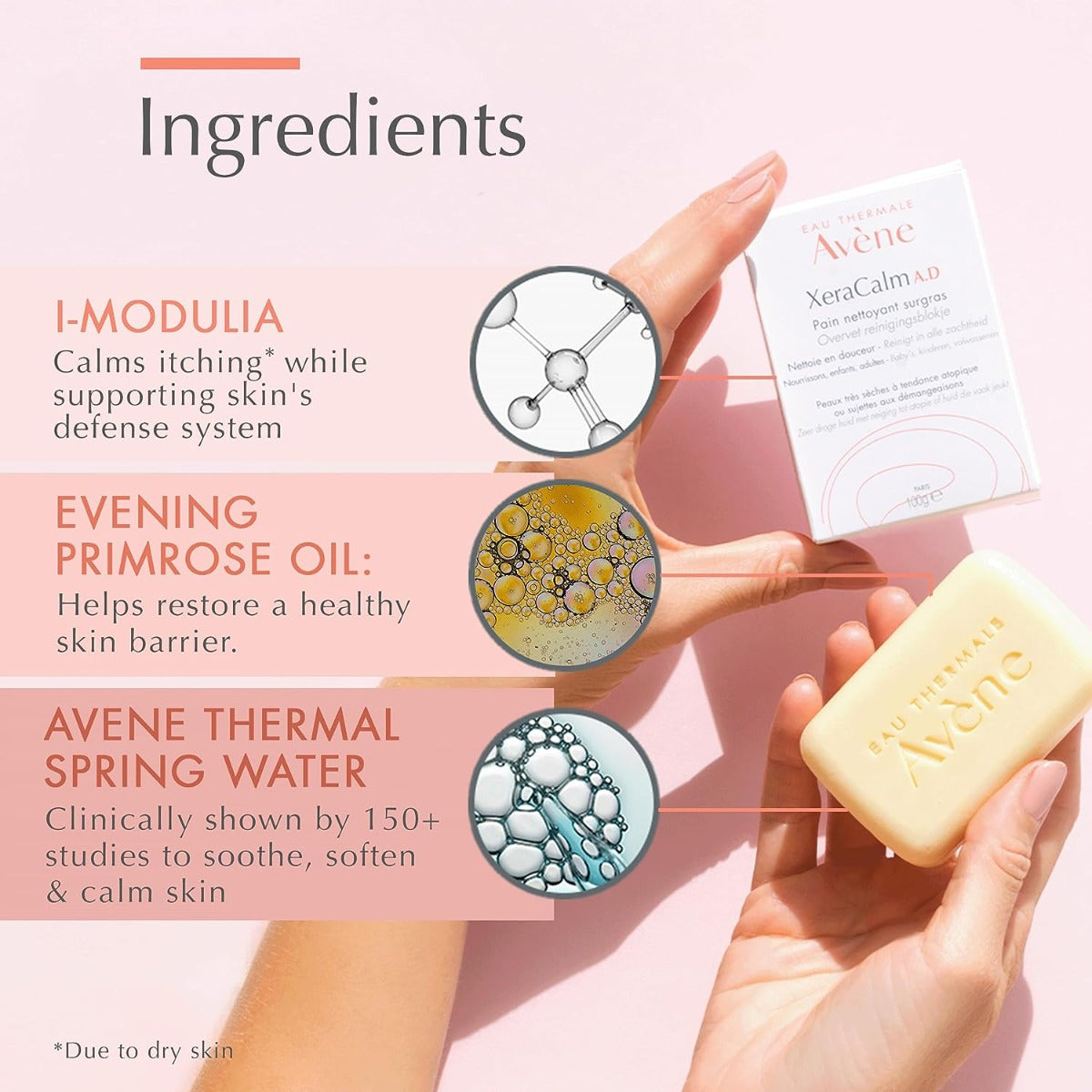Avene Ultra Rich Cleansing Bar next to its packaging with product features on the left