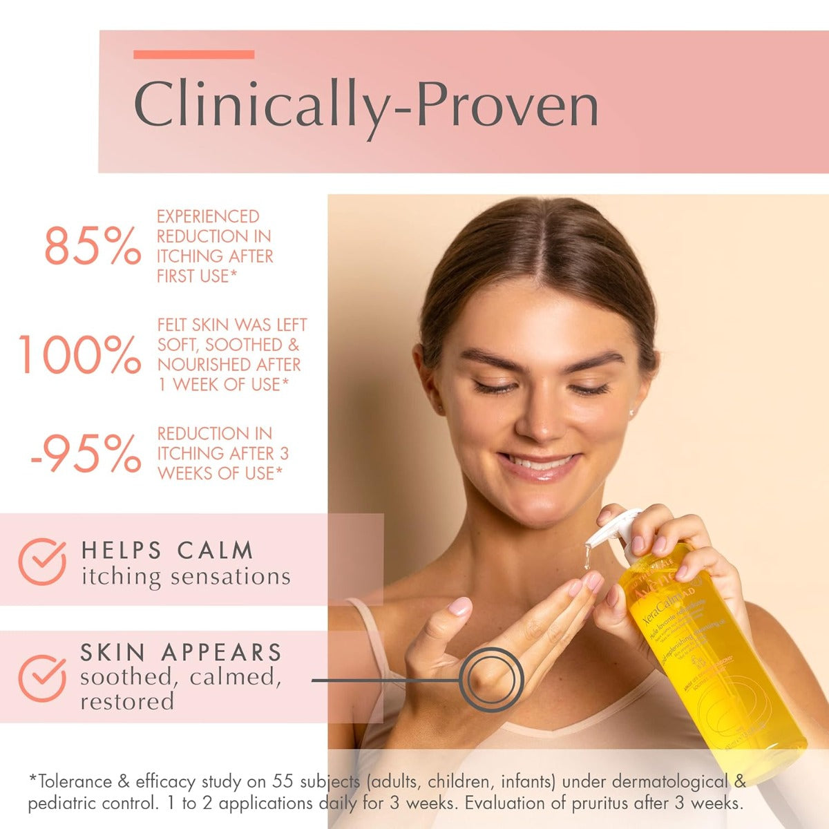 Woman dispensing product from bottle of XeraCalm A.D Lipid-Replenishing Cleansing Oil from Avene.