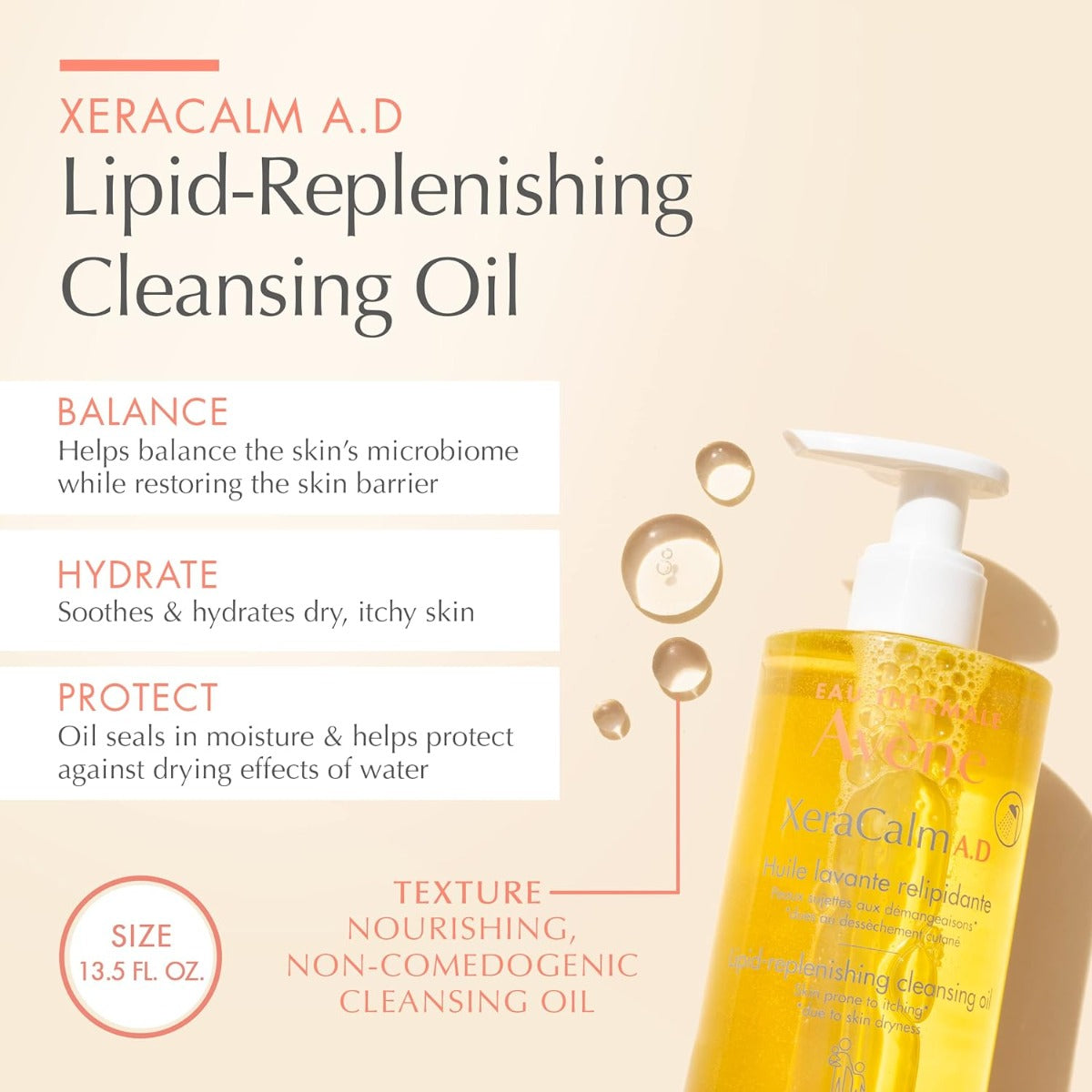 A pump bottle of XeraCalm A.D Lipid-Replenishing Cleansing Oil from Avene with product features to the left