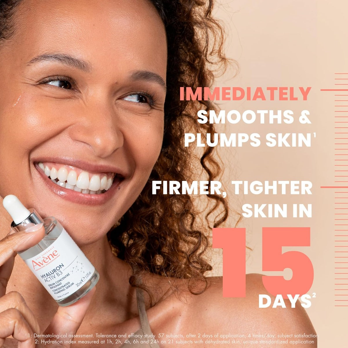 Woman holding the Hyaluron Activ B3 Concentrated Plumping Serum by Avene with product information to the right.