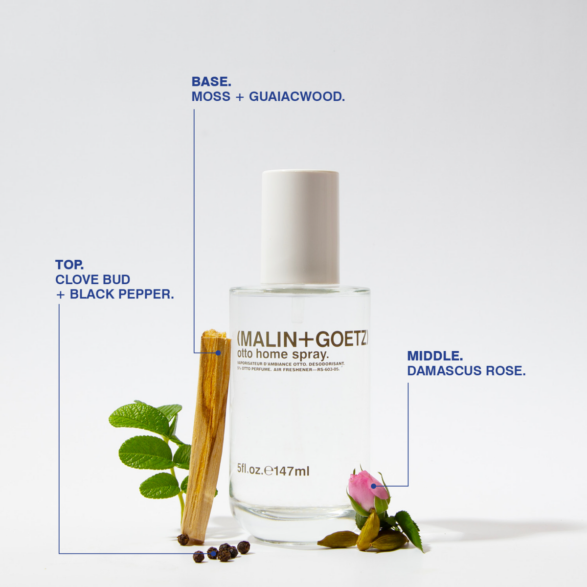 Malin+Goetz home spray bottle with botanical elements on a white background