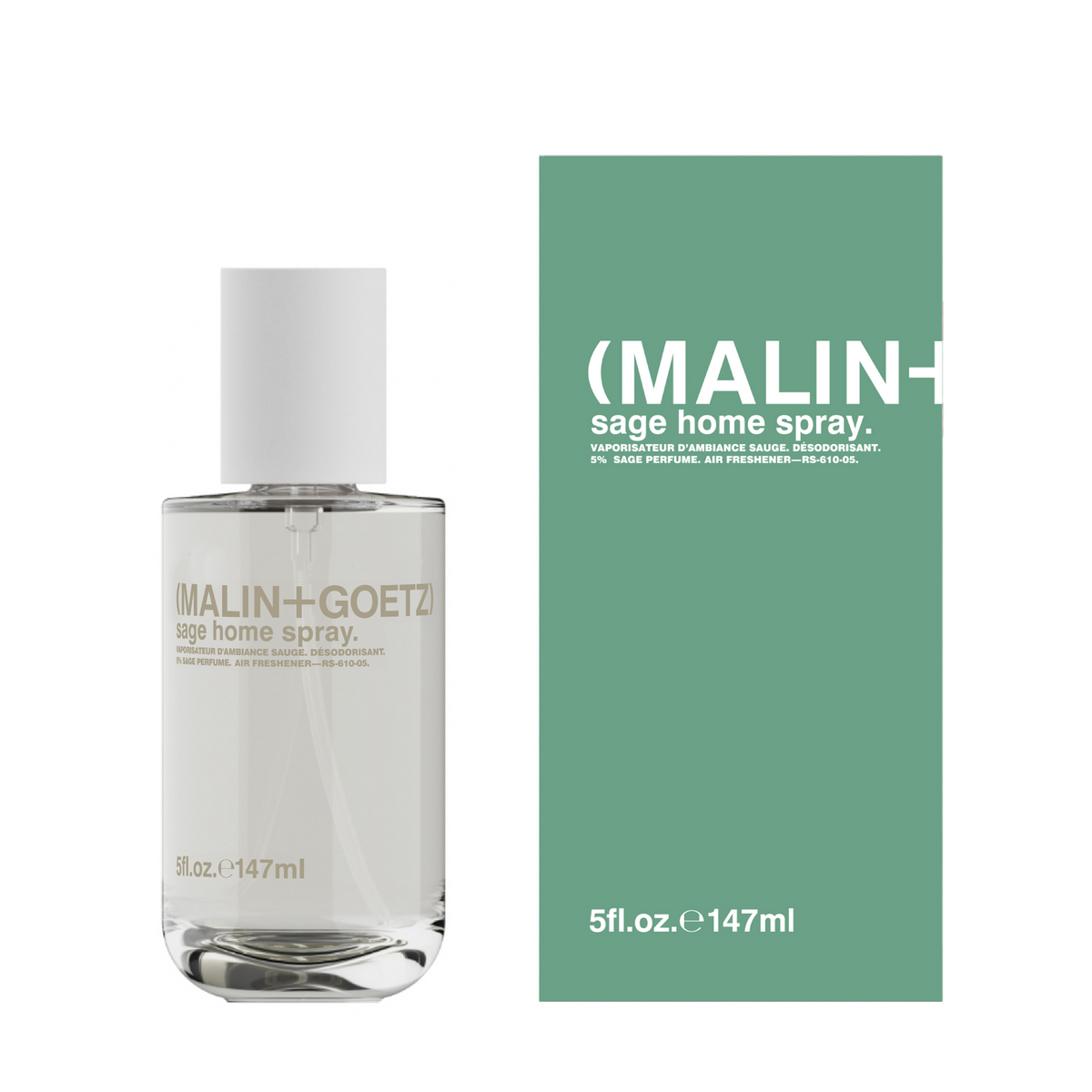 Malin+Goetz sage home spray bottle and packaging on a white background