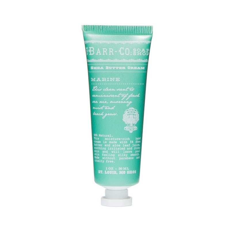 A green tube of hand cream labeled 'BARR-Co.' with text indicating it is Shea Butter Cream and has a marine scent.