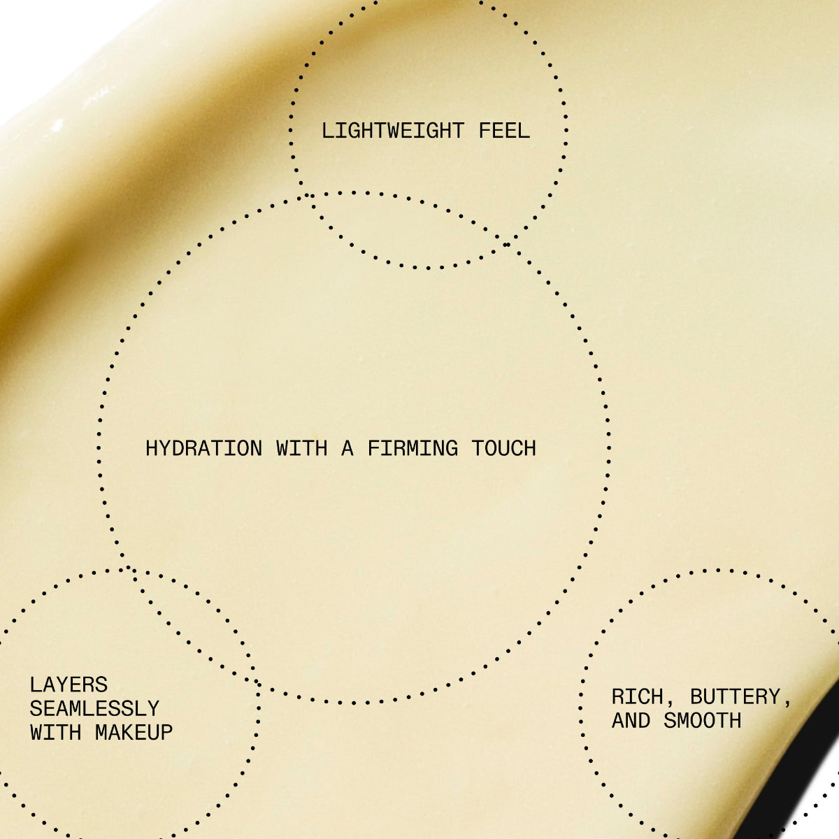 Cosmetic product with text describing its features on a beige background