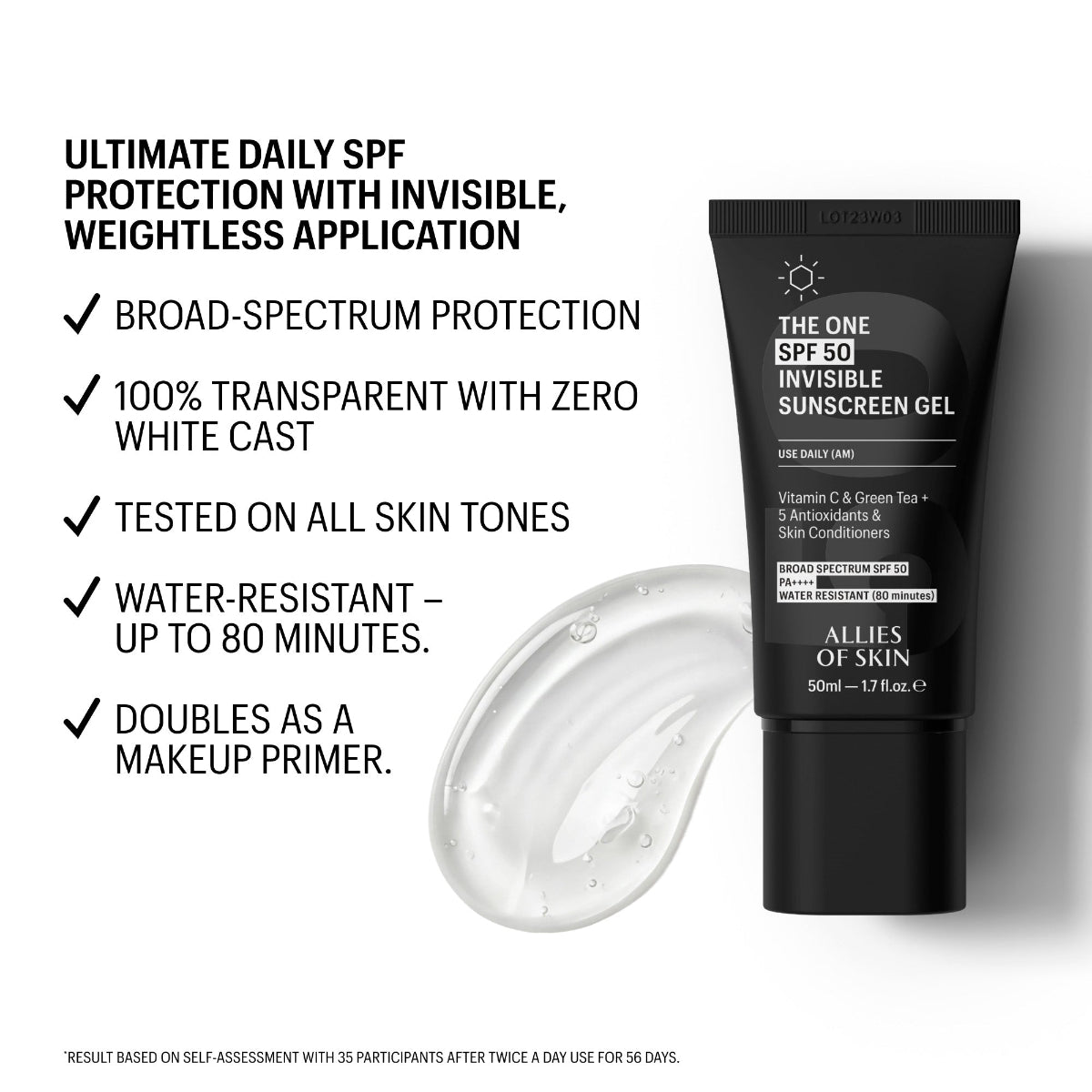 Sunscreen gel tube with product features listed on a white background